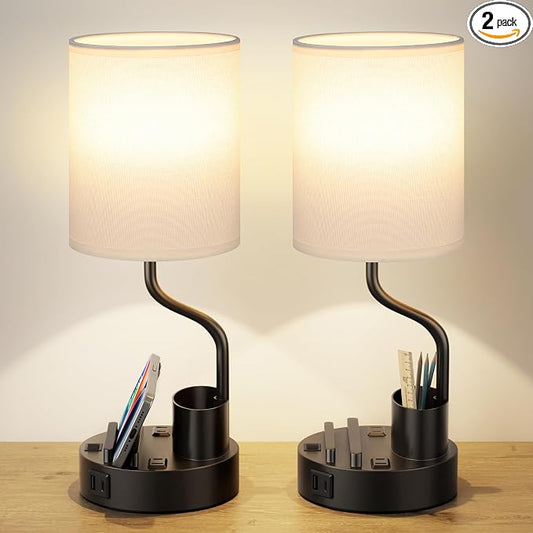 Fenmzee Bedside Lamps for Bedroom Set of 2 - Table Desk Lamp for Nightstand | 15" Table Lamp for Living Room with Pen Holder & Phone Stand, USB A+C Port, AC Outlet, 3 Color Temperature, LED Bulb Included by Fenmzeelighting