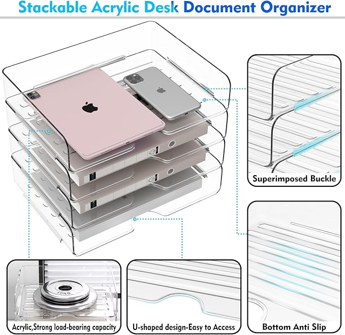 Vivihomety Paper Organizer Letter Tray, 4-Pack Acrylic File Organizer, Clear - Image 6