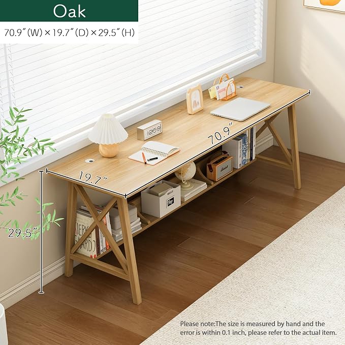 NELYE Extra Long Writing Desk with Bookshelf, 71" Wx20 Dx30 H, Oak | Wooden Home Office Work Study Table, Computer Gaming Workstation with Storage Shelf, Sturdy MDF Resists Wobble - Image 5