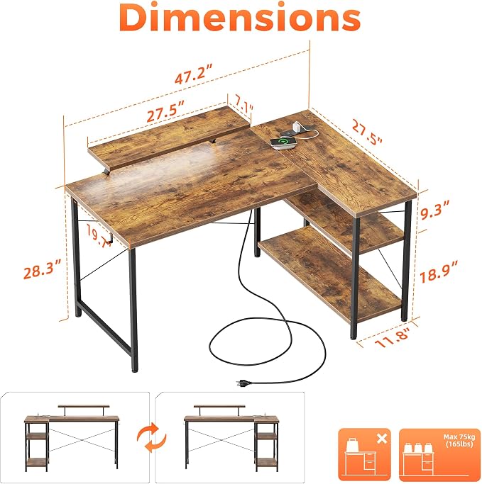 Mericonia 48 in Corner Desk with Monitor Stand, Small L Shaped Gaming Desk | Reversible Computer Desk with Power Outlets, LED Light & Storage Shelves, Office Table for Home Bedroom Study Work Writing - Image 2