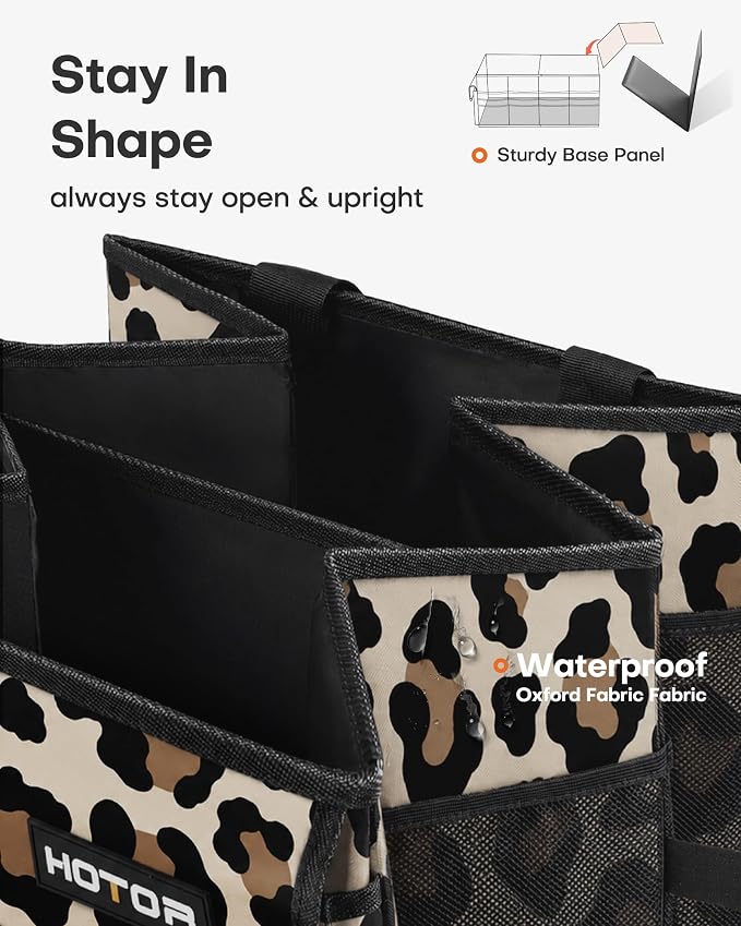 HOTOR Trunk Organizer - Car Organizer, Foldable Trunk organizer for SUVs & Sedans, Sturdy Car Organization for Car Accessories, Tools, Sundries, Leopard, 2 Compartments, 21.3"×12.6"×10.6" - Image 4