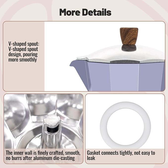 12 Cup Aluminum Moka Pot Classic Stovetop Espresso Coffee Maker 600ml 20oz Coffeemaker Percolator Mocha Pot Greca Coffee Maker Cafe Makers for Italian and Cuban Café Brewing Purple - Image 6