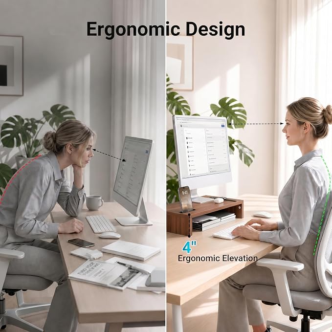 BONTEC Monitor Stand Riser with Cellphone Holder & Cable Management | 16.7 Inch Wood Monitor Riser Stand, Desktop Stand for PC/TV/Laptop/Printer, Walnut - Image 5