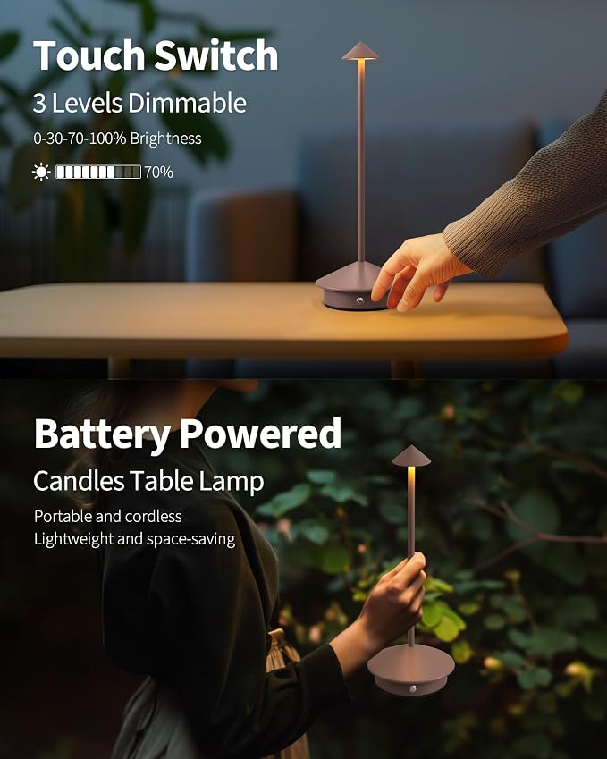 Modern Cordless Table Lamp Set of 2, Brown Portable LED Desk Lamps | 5000mAh, Rechargeable, Battery Operated Lighting for Bedroom, Dining Room, Restaurant, Coffee Shop, Camping, Night Light - Image 4
