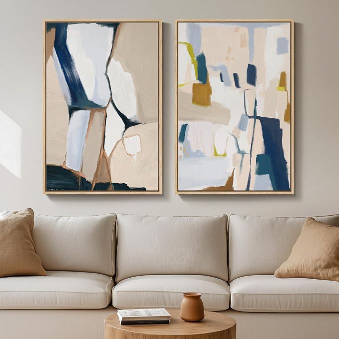 Large Framed Neutral Abstract Wall Art for Living Room, Set of 2 Bright Modern Canvas Prints Paintings Artwork for Walls, Colorful Abstract Pictures for Hallway Stair Bedroom Office Wall Decor 24x36 In by Cuspin