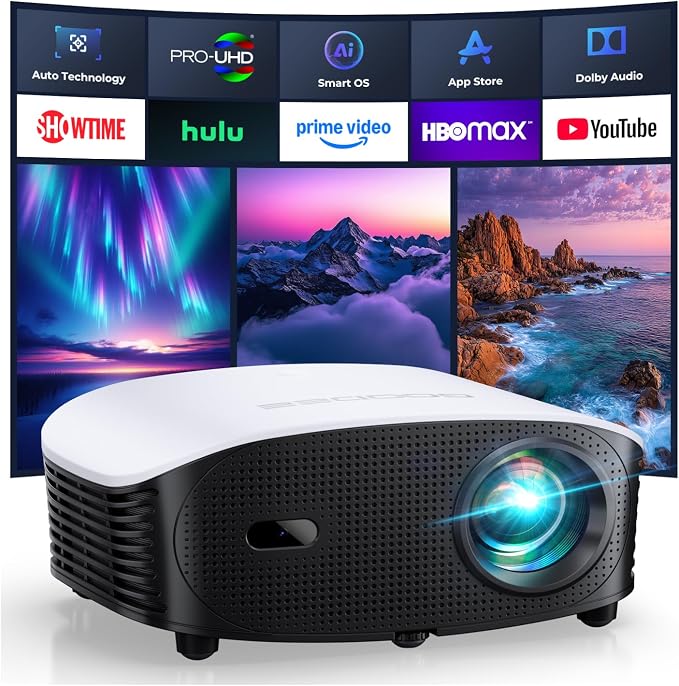 GooDee AI Smart Mini Projector with WiFi and Bluetooth - FHD 4K Support, Compatible with Netflix/YouTube, Auto Focus & Keystone, Dolby Audio Movie Projector for Outdoor Movie Night & Bedroom Theater by GooDee