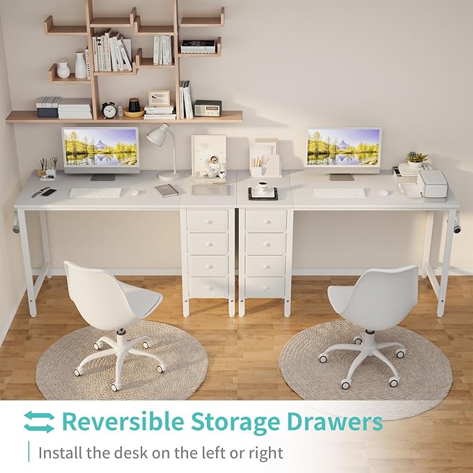 Lufeiya White Computer Desk with Drawers, 47 Inch Reversible Study Work Writing Desk for Home Office Bedroom, Simple Modern Cute PC Desks with Fabric Drawer, White - Image 4