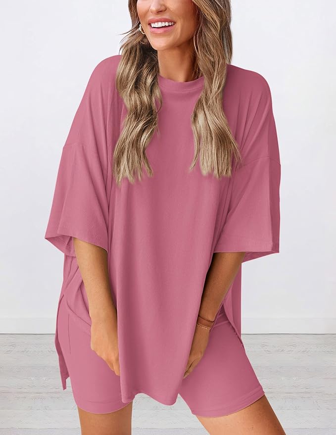 PRETTYGARDEN Women 2 Piece Lounge Set 2026 Summer Casual Oversized Shirts Biker Shorts Matching Airport Travel Outfit Clothes - Image 3