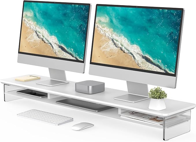 Fenge 42.5" Dual Monitor Stand with Clear Acrylic Legs, White | Clear acrylic, storage compartment, 2-tier home office monitor riser, wide large desktop shelf fit monitor/laptop/printer by Fenge
