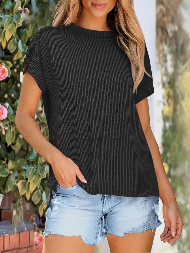 ANRABESS Womens Short Sleeve Crewneck Shirts Ribbed Knit High Low Hem T Shirt 2026 Summer Spring Casual Tops Trendy Clothes - Image 2