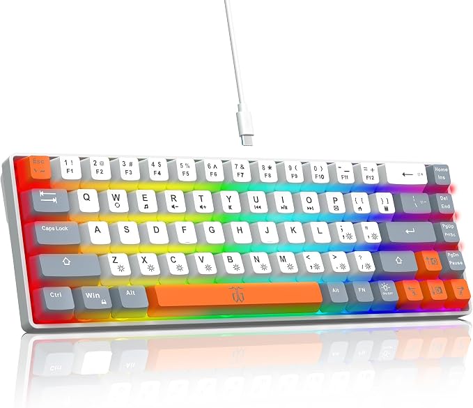 Snpurdiri 60% Percent Gaming Keyboard (68 Keys, White-Grey-Orange) | Ergonomic Compact RGB Backlit Small Gaming Keyboard for Windows, PC, Laptop by Snpurdiri