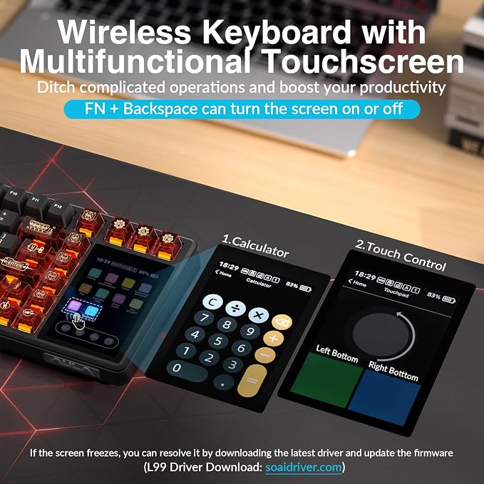 Aula L99 Wireless Mechanical Gaming Creamy Keyboard with Smart Touch Screen | Tri-Mode Hot Swappable Custom Keyboard,RGB Backlit,PBT Keycap,Gasket Mount Creamy Sounding Keyboards for Office PC,84 Keys - Image 4