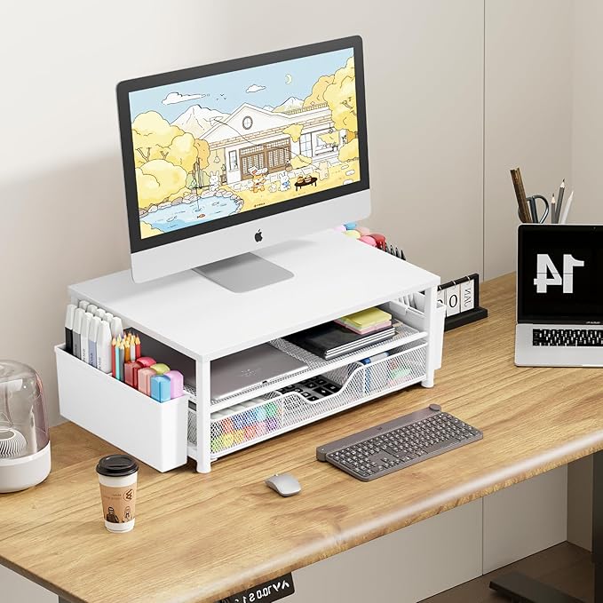 OPNICE Desk Organizers and Accessories, 2-Tier Computer Monitor Stand Riser with Drawer and 2 Pen Holders, Laptop Stand, Office Desk Accessories for Office Supplies, White Wood - Image 3