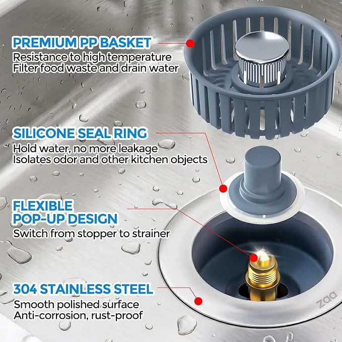 zaa 3 in 1 Kitchen Sink Drain Strainer Stopper Removable Basket Pop-Up | Kitchen Sink Accessories 1 Pack Silver Stainless - Food Catcher, Odor-Blocking Seal, Fits 3.5" Drain, Easy Clean - Image 6