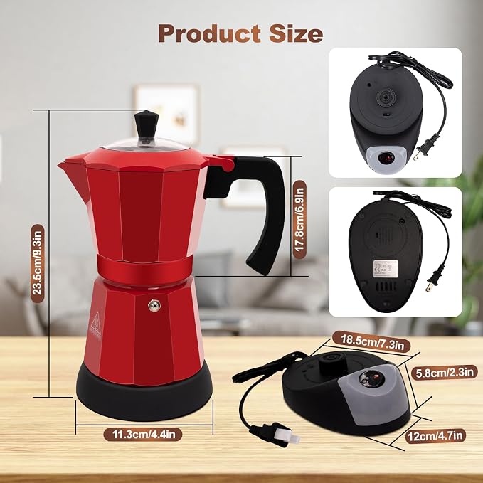 Electric Aluminum Moka Pot 3-6 Cup 150-270ml Espresso Maker | with Detachable Base Ideal Coffee Makers for Home MochaPot Italian and Cuban Café Coffeemaker Espressomaker CoffeePot Red - Image 2