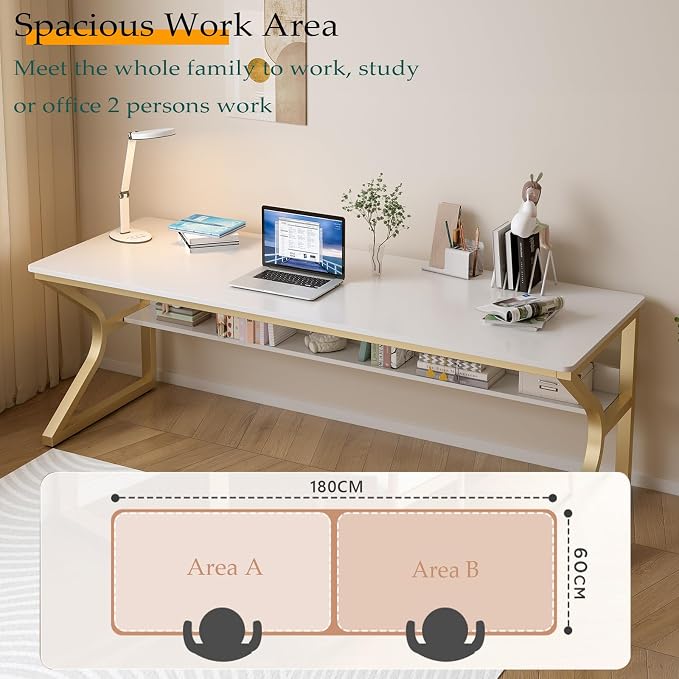 OSCHF 71-Inch Extra Long Desk with Storage Shelf, Gold | Double Long Writing Table, Space-saving, 2-Person Workstation, Modern Study Work Computer Desk, For Home Office - Image 3