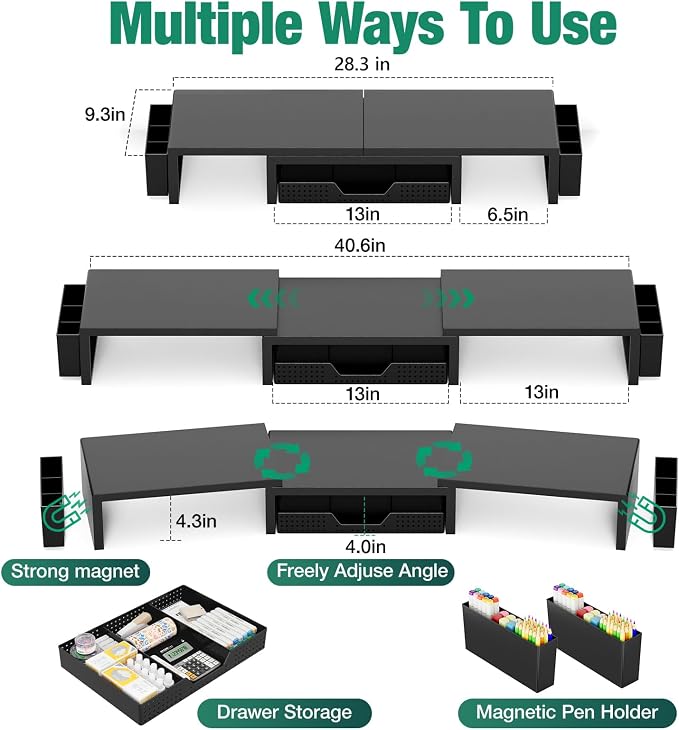 OPNICE Dual Monitor Stand Riser with Drawer and 2 Pen Holders, Desk Organizer for Office Supplies, Computer Monitor Stand for Desk, Workspace Desk Accessories for Home Office, Black - Image 2
