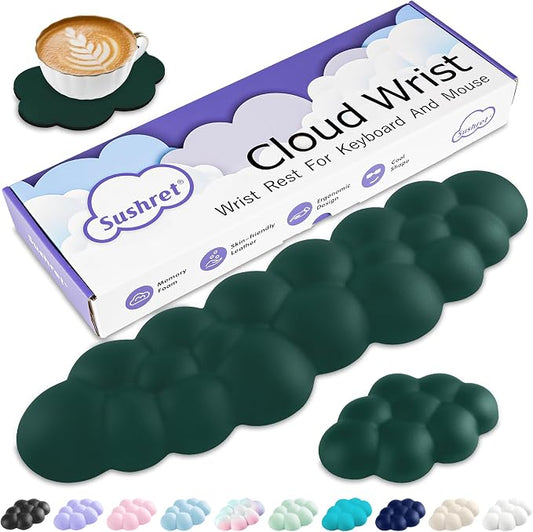 Sushret Cloud Wrist Rest Keyboard, Cloud Keyboard Wrist Pad Set with PU Leather Memory Foam, Cute Arm Rest for Palm Support, PC/Gaming Desk Accessories/Office Setup/Computer Hand Cushion - Dark Green by Sushret