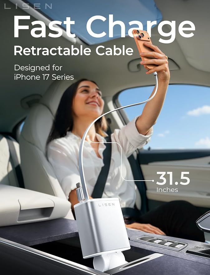 LISEN Retractable Car Charger for iPhone, for iPhone 17 Pro Max 16 15 14 13 12 Plus Mini, Cute 4 in 1 Retractable USB C Car Charger Fast Chareg for Women Men, 84W Fast Charging Car Accessorie | Multiple Ports Car Charger, Retractable Car Charger Fast C... - Image 2