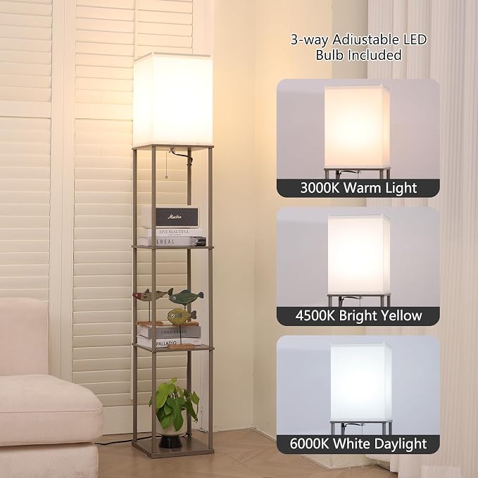 Gupuzm Floor Lamp with Shelves, Modern Square Standing Lamp with 3 Color Temperature Bulb, Corner Display Bookshelf Lamp for Living Room, Bedroom and Office （Grey） - Image 2