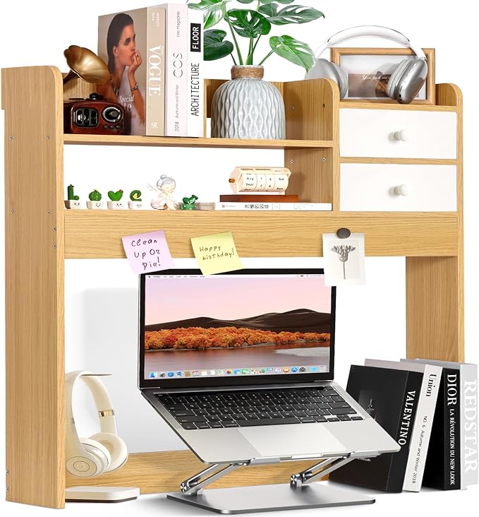 YGYQZ Wood Desk Shelf Organizer, Desk Hutch Top Only, Countertop Storage Hutch with 4 Shelves for Computer Desk，2-Tier with Cabinet Door Rack for Office, Home, Dorm，Natural by YGYQZ