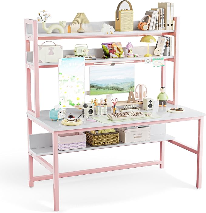 Aquzee Pink Girls Desk with Hutch, 55in Computer Desk with Bookshelf for Teens Adults, Craft Table for Bedroom Kids Room, White Pink Study Table with Shelves for Storage by Aquzee