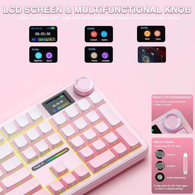 AULA F108 PRO - Wireless Mechanical Keyboard with Screen & Knob,Full Size Keyboard with 8000mAh Battery,Pre-lubed Switches,Side Printed PBT Keycaps,RGB Backlit Hot Swappable Custom Pink Keyboards - Image 3