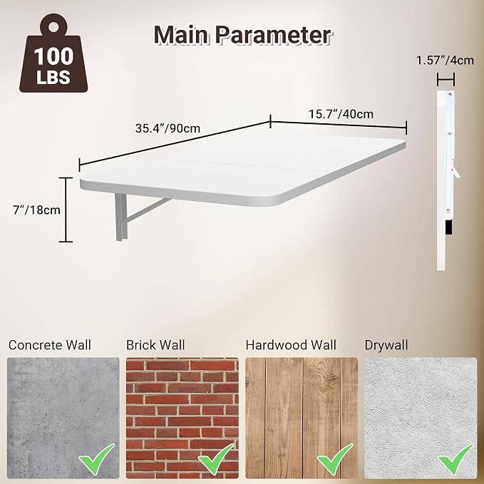 Neoaider Wall Mounted Folding Desk 35.4” x 15.7”, White | Drop Down Table with Metal Collapsible Brackets, Folding Wall Table for Small Spaces, Home, Office, Kitchen, Laundry Room - Image 3
