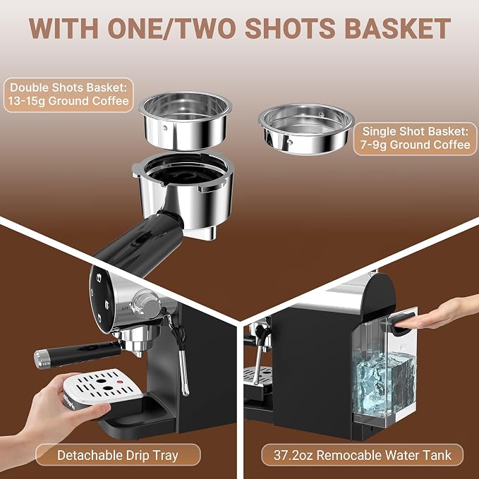 Ollygrin 20 Bar Espresso Coffee Machine, Semi-Automatic Espresso Machine with Touch Panel, 1350W Espresso Maker with Steam Wand, Removable Drip Tray & Water Tank, Modern Design for Latte & Cappuccino - Image 7