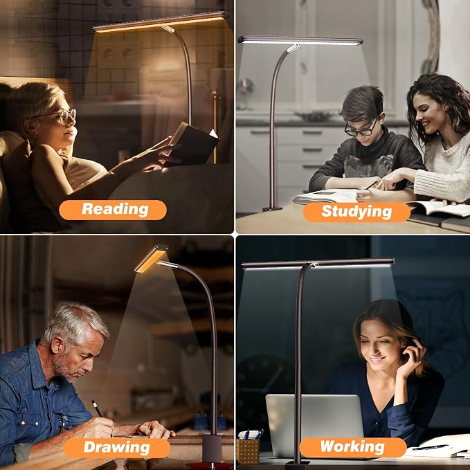 Airlonv LED Desk Lamp for Office Home, Eye-Caring Desk Light with Stepless Dimming Adjustable Flexible Gooseneck, 10W USB Adapter Desk Lamp with Clamp for Reading, Study, Workbench (Brown) - Image 5