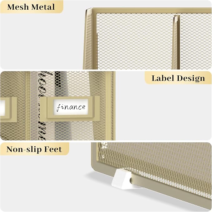 SUPEASY Desk Organizers Metal Desk Magazine File Holder with 5 Vertical Compartments Rack File Organizer for Office Desktop, Classroom, Home Workspace, Golden Yellow - Image 4