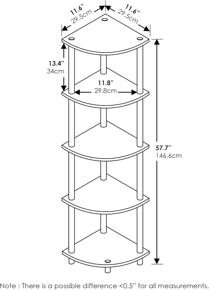 Furinno TURN-N-TUBE Corner Shelf Set of 2, 5-Tier Corner Bookshelf, Open Storage Shelves, for Organization and Storage, Living Room, Home Office, Garage, Columbia Walnut - Image 2