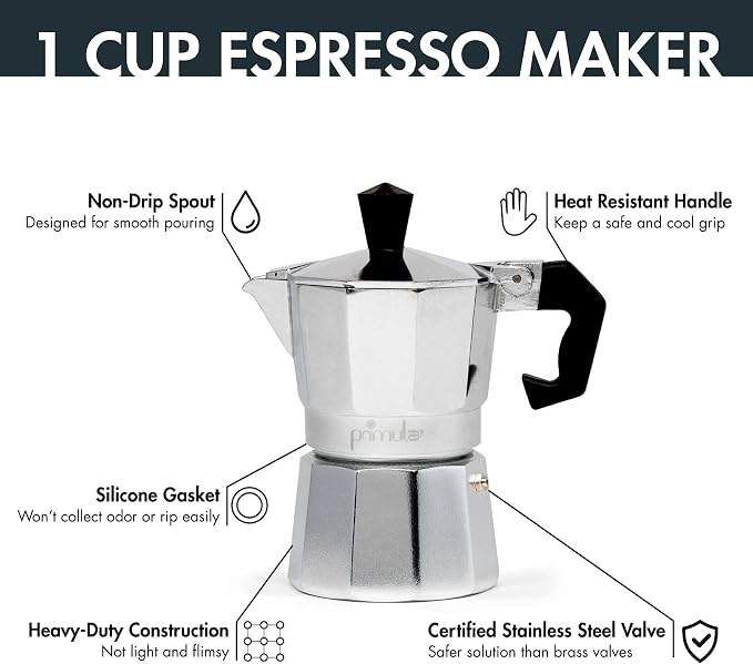 Primula Classic Stovetop Espresso and Coffee Maker, Moka Pot for Italian and Cuban Café Brewing, Greca Coffee Maker, Cafeteras, 1 Espresso Cup, Silver - Image 2