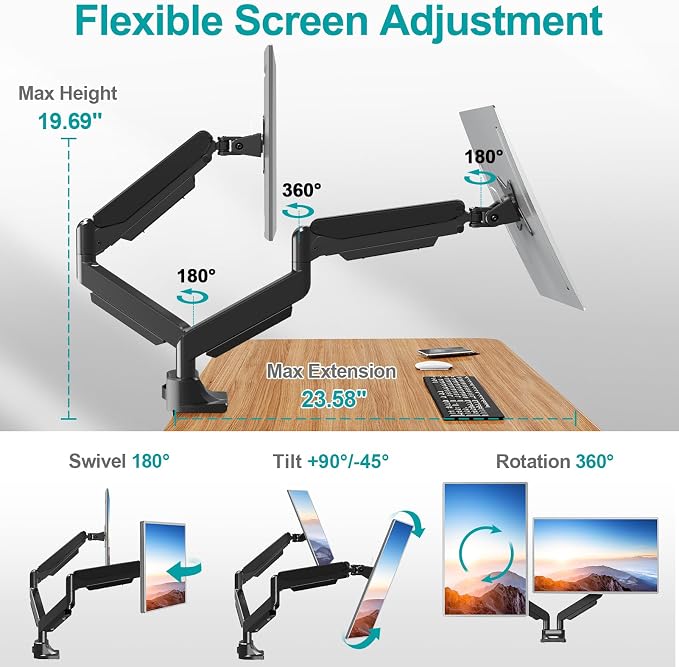 MOUNT PRO Dual Monitor Stand for Max 43 Inch Ultrawide Computer Screen, Premium Aluminum Heavy Duty Monitor Arm Holds 6.6lbs to 33lbs, Gas Spring Full Motion Display Desk Stand, VESA Mount - Image 3