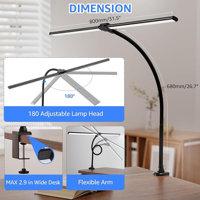 ShineTech LED Desk Lamp for Home Office, 5000K Bright Double Head Architect Task Lamps with Clamp, Dimmable Adjustable Flexible, Black - Image 9