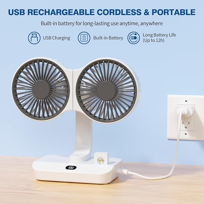 Morelax Dual Head Desk Fan with LED Light, USB Rechargeable Portable Mini Fan, Quiet Desktop & Wall-Mounted Fan, Multi-Angle Rotation, 4 Speeds, for Bedroom, Home, Office, Camping - Image 7