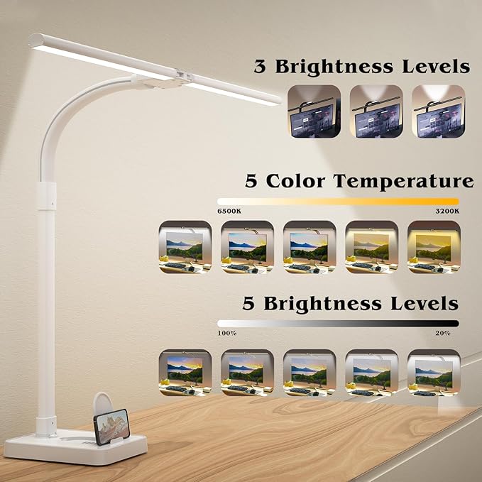 AKRRYR Led Desk Lamp for Home Office,24W Bright Eye-Caring Desk Light with Base,5 Brightness and 5 temperatures Dimmable Workbench Task Light, Adjustable Gooseneck Table Lamp for Monitor(White) - Image 2