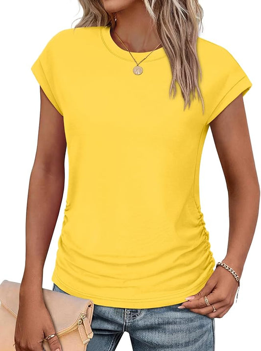 Sampeel Womens Summer Tops Trendy 2026 Ruched Cap Short Sleeve Tshirts Shirts Crew Neck T Shirts Fashion by SAMPEEL