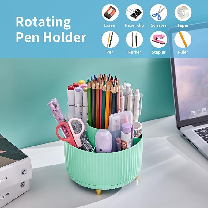 Marbrasse Desk Organizer, 360-Degree Rotating Pen Holder, Desk Organizers and Accessories with 5 Compartments Pencil Holder, Art Supply Storage Box Caddy for Office, Home (Mint Green) - Image 3