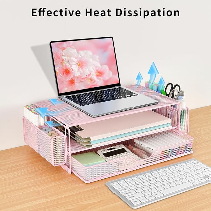 AUPSEN Computer Monitor Stands Riser，2-Tier Desk Organizers and Accessories, Office Desk Accessories Organizer with Drawers and 2 Pen Holder for Office Supplies (Pink) - Image 6