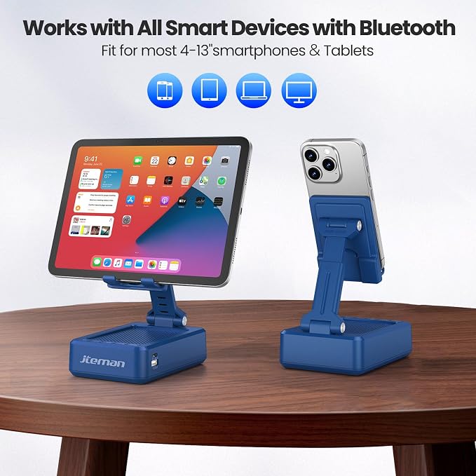 JTEMAN Cell Phone Stand with Bluetooth Speaker and Charging Function, HD Sound Adjustable Phone Holder, Birthday Gifts for Men Women, Cool Tech Kitchen Gadgets for All Phones,Tablet (Blue) - Image 7