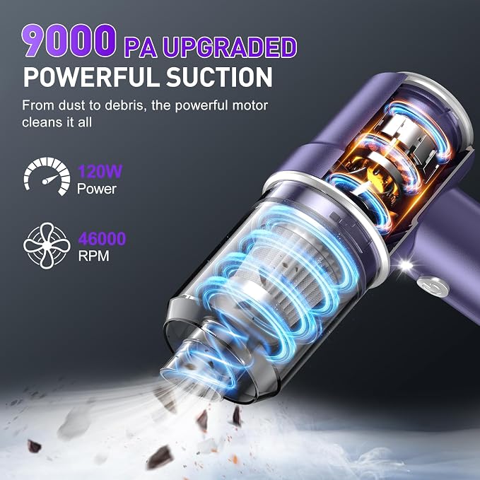 KMM Handheld Car Vacuum Cleaner, 9000PA Vacuum Cleaner & Air Duster, 120W High Power Vacuum Portable Cordless, Hand Held Vacuum Rechargeable with Multi-Nozzles & LED Light for Home, Car, Office - Image 3