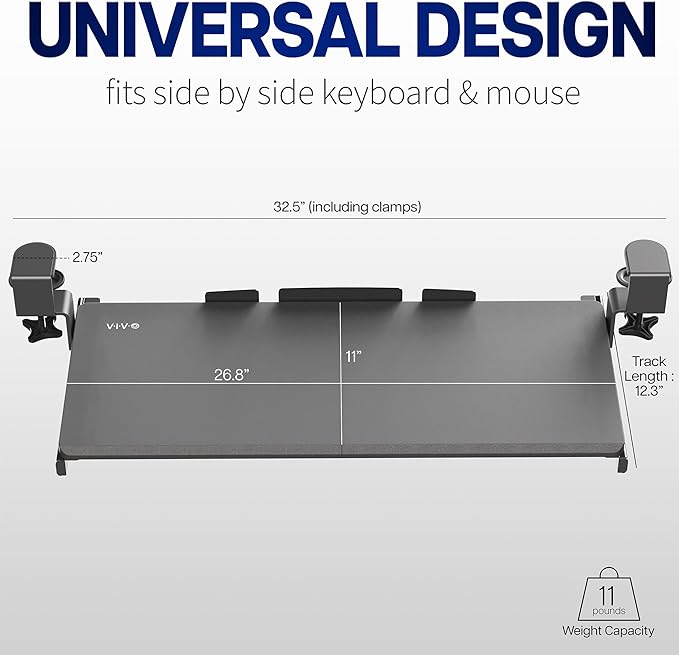 VIVO Dark Walnut Large 27 x 11 in Under Desk Keyboard Tray, MOUNT-KB05D | Keyboard Tray for Typing, Slide Out Platform, Extra Sturdy C-Clamp Mount System, Computer Drawer, Black Frame - Image 8