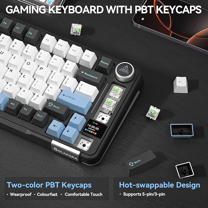 SOLAKAKA A75 PRO Black Gaming Keyboard 75% Wireless Mechanical with Screen and Knob, RGB Backlit Hot Swappable Gasket Pre-lubed PBT Keycaps for PC/Mac/Win - Image 4