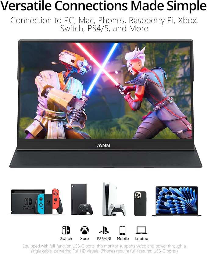 MNN 15.6" FHD 60Hz Portable Monitor USB-C HDMI IPS HDR Gaming Laptop | 15.6" FHD IPS HDR, 0.76cm/694g, USB-C one-cable, PC/Mac/Phone/Switch, speakers+stand, L/P, low blue, work&game - Image 3