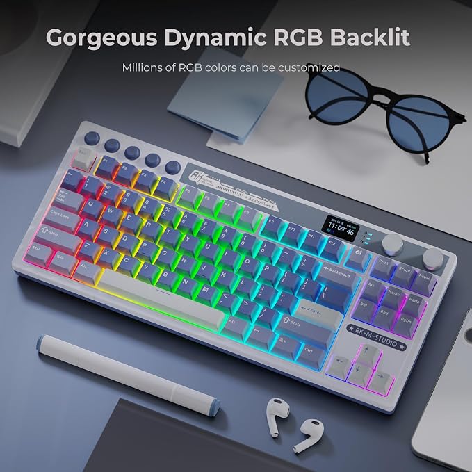 RK ROYAL KLUDGE M87 Wireless Gaming Keyboard with Screen & Dual Knobs, Blue | Bluetooth/2.4G/Wired, Hot Swappable Cream Switches, 5-Layer Noise Dampening Gasket Structure,Compact 75% Size for PC/WIN/Mac - Image 8