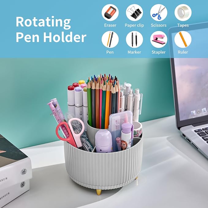 Marbrasse Desk Organizer, 360-Degree Rotating Pen Holder, Desk Organizers and Accessories with 5 Compartments Pencil Holder, Art Supply Storage Box Caddy for Office, Home (Grey) - Image 3