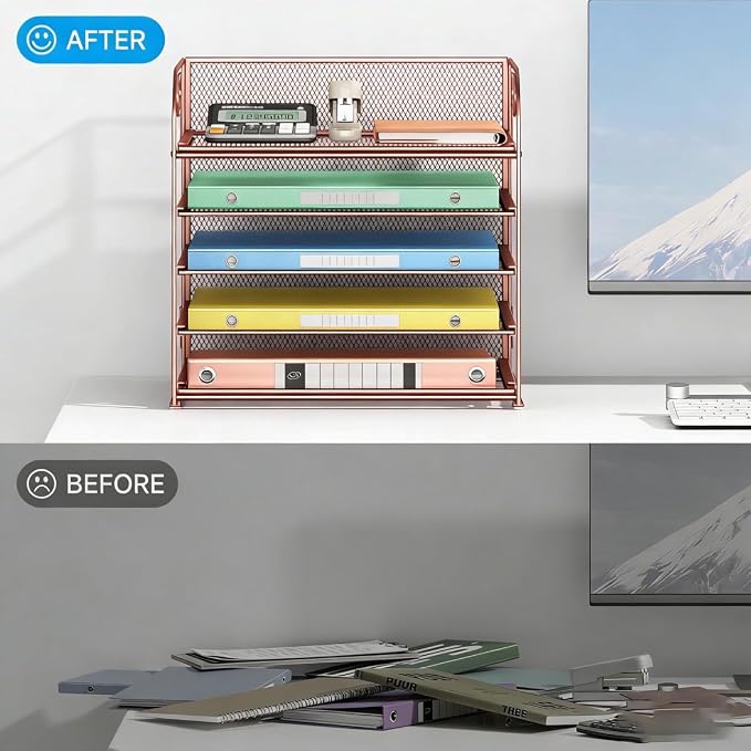 5 Tray Paper Organizer Letter Tray with Handle - Mesh Desk File Organizer, Paper Sorter Organizer for Office, Home or School File Folder Holder - Rose Gold - Image 3