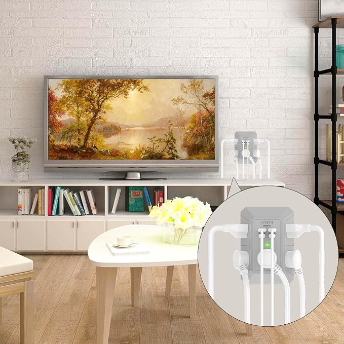 USB Wall Charger, Surge Protector, QINLIANF 5 Outlet Extender with 4 USB Charging Ports(2U2C) 3-Sided 1680J Power Strip Multi Plug Outlets Wall Adapter Spaced for Home Travel Office, Grey - Image 4