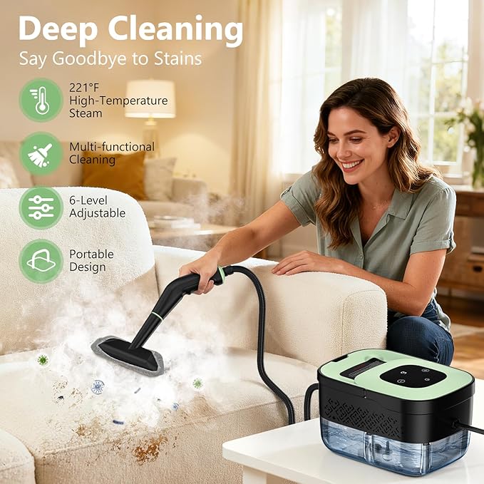 Steam Cleaner, Portable Steamer for Cleaning with 16pcs Accessories, 6-Level Adjustable and 15s Heat-Up, Handheld Steam Cleaner for Home, Tile, Dirt, Grout, Grease, Car Detailing - Image 2